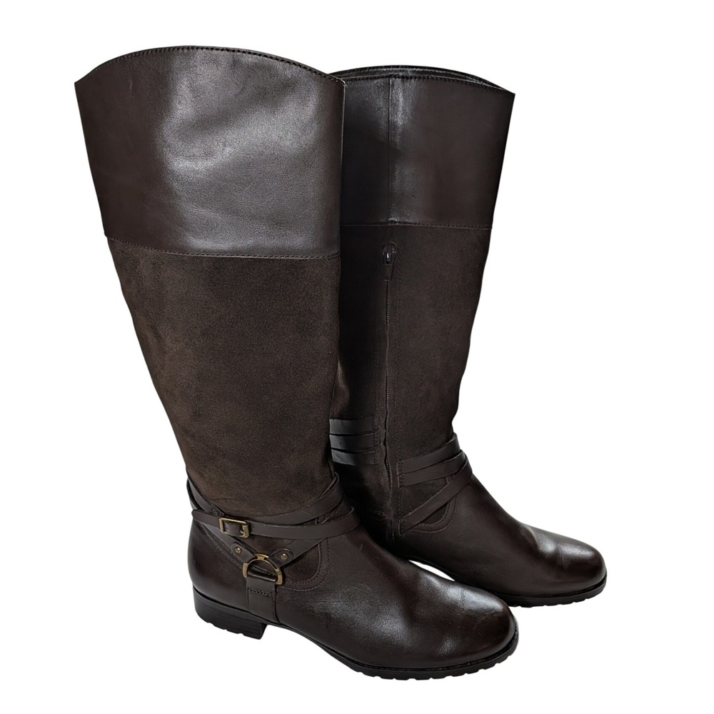 Lauren Ralph Lauren Savion Dark Brown Leather Suede Knee High Harness Boots 9.5B